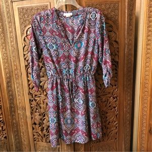 Georgette tunic or dress pretty magenta and teal, Paisley design, Boho